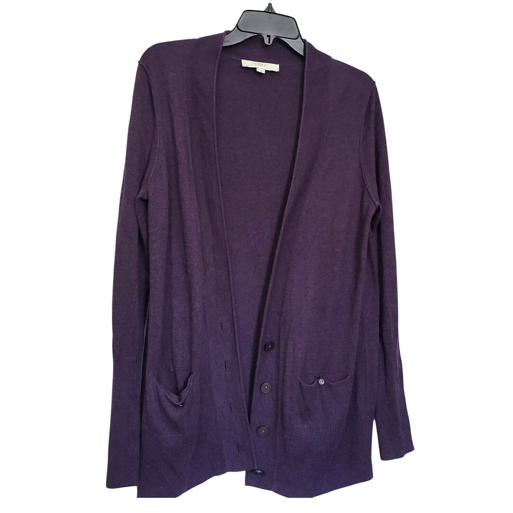 Loft‎ Women's Purple V-neck Long Sleeve Wool Blend Button Preppy Cardigan Large